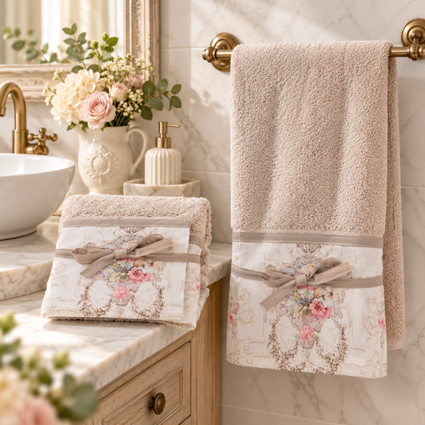 Coppia Asciugamani in Spugna con Balza Floreale Collezione Coco – Blanc MariClò, 40x60 e 60x100cm