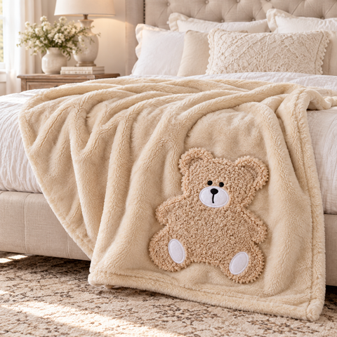 Plaid My Teddy in Flanella con Orsetto Applicato – L'Atelier 17, 155x205cm