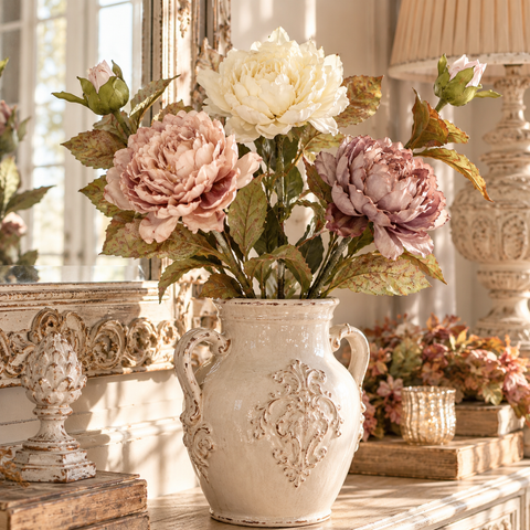 Peonie artificiali Gardena Blanc MariClò rosa, crema e malva in vaso