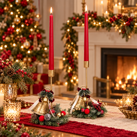 Coppia Candelabri Natalizi Jingle Dorati con Campanelli e Bacche – Linea Noël by Mata Creazioni