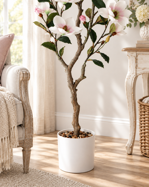 Vaso in Ceramica con fiori di Magnolia (Artificiale) - Bianco con sfumature rosa, 17x125 cm