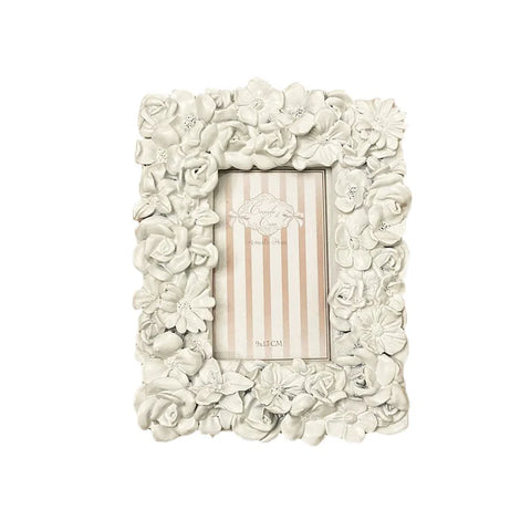 Cornice Portafoto “Silvy” Bianca con Fiori in Resina – Stile Shabby Chic 9×13 cm