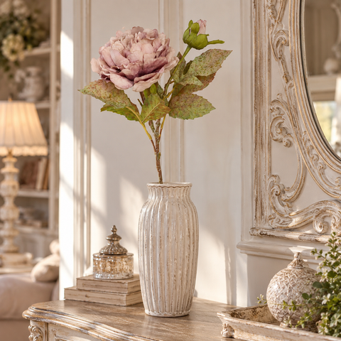Peonia artificiale con bocciolo rosa antico in vaso rigato