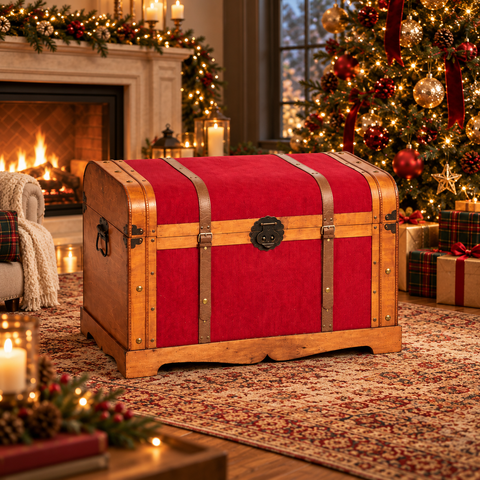 Juego de 2 baúles de madera y terciopelo rojo – Cajas baúl decorativas de 78 cm y 60,5 cm
