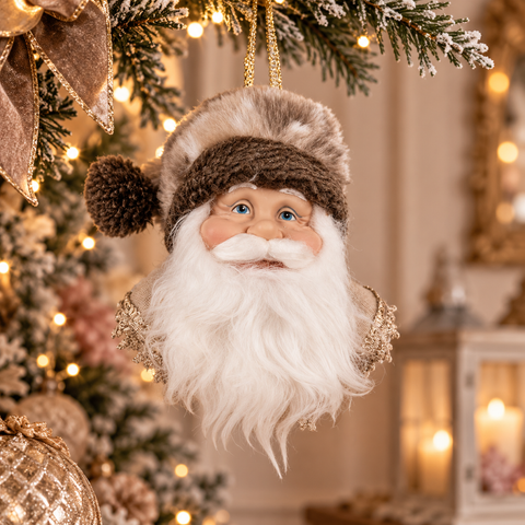 Addobbo Natalizio Volto di Babbo Natale in Tessuto e Pelliccia - Clayre & Eef, 10x9x28cm