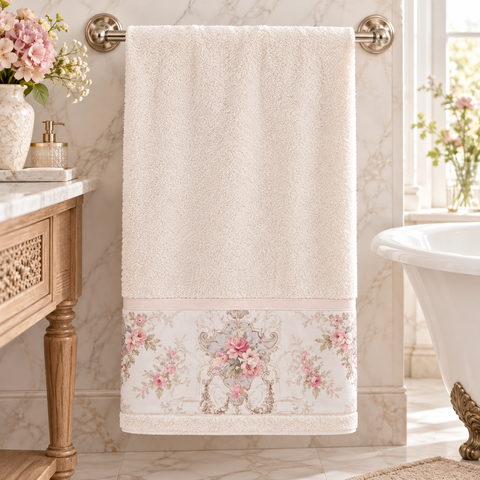 Coppia Asciugamani in Spugna con Balza Floreale Collezione Coco – Blanc MariClò, 40x60 e 60x100cm