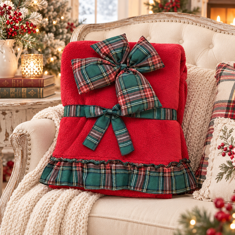 Plaid Invernale Sherpa con Volant Scozzese Tartan e Fiocco – Blanc Mariclò, 140x170cm