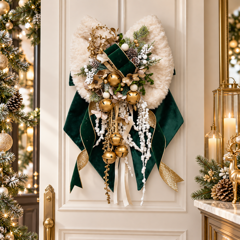 Fiocco Natalizio Snow in Montone Bianco e Velluto Verde con Campanelli – Linea Montone by Mata Creazioni, 50 cm