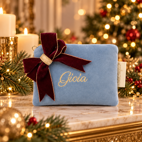 Velvet Mini Pochette con Zip e Scritta Ricamata Oro - Mata Creazioni, 16x11 cm