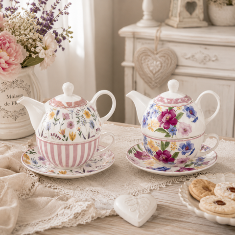 Set Teiera con Tazza in Porcellana - Decoro floreale botanico illustrato