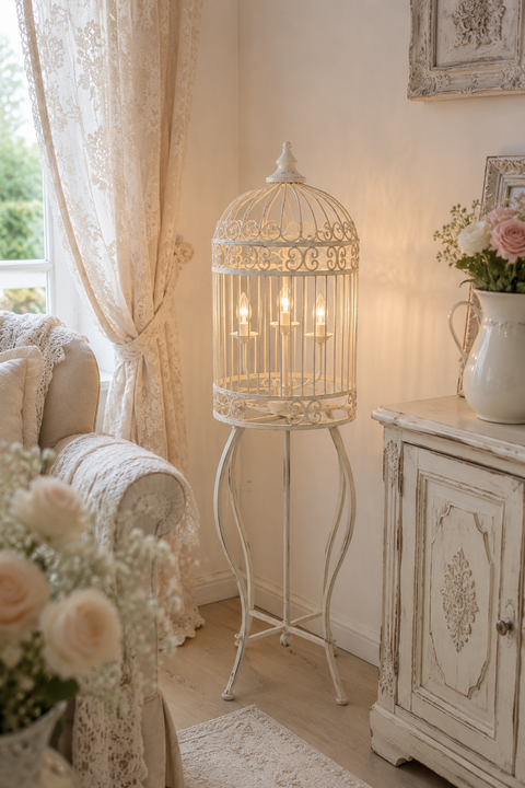 Piantana Gabbietta Crema Shabby Chic in Ferro Battuto a 4 Luci - 40x40x156cm