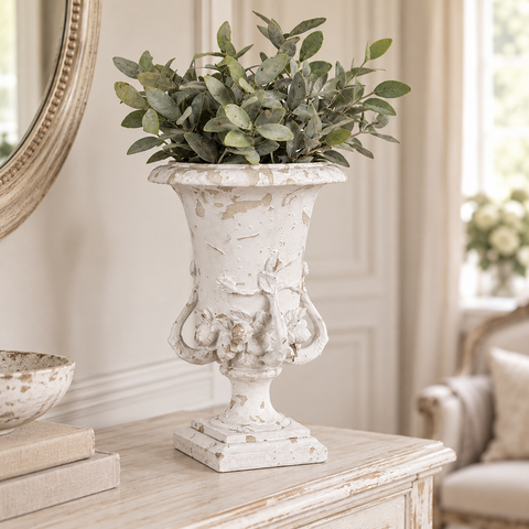 Fioriera ad Anfora Bianco Beige in Poliresina - Clayre & Eef, Ø 19x28 cm