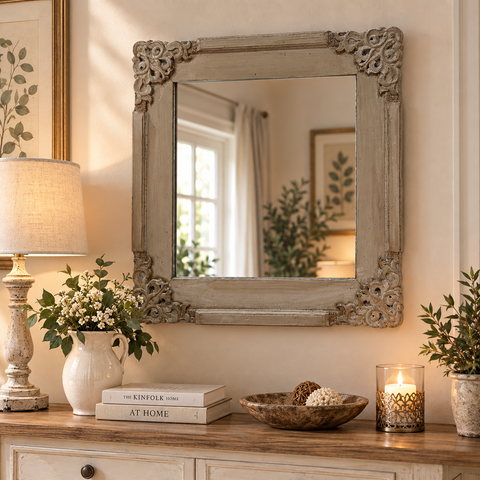 Specchio Quadrato da Parete con Cornice in Legno Decorata - 60x4x60 cm