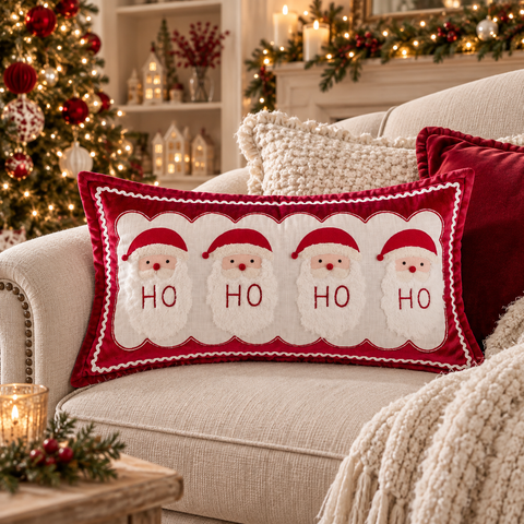 Cuscino Rettangolare con Applicazioni Babbo Natale e Scritta "HO HO HO HO" – Blanc Mariclò, 35x66cm