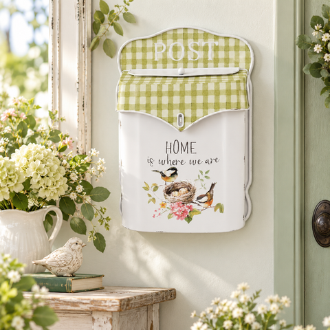 Cassetta Postale da Parete in Metallo Bianco con Fantasia Vichy e Uccellini - Clayre & Eef, 24x10x35 cm