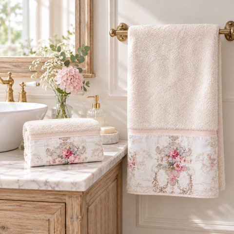 Coppia Asciugamani in Spugna con Balza Floreale Collezione Coco – Blanc MariClò, 40x60 e 60x100cm