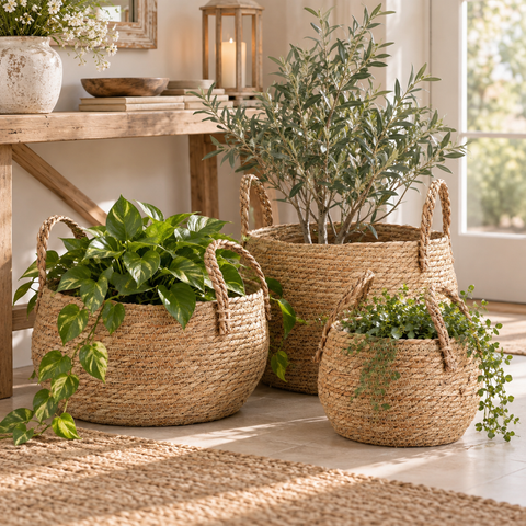 Set Cesti Contenitore Ovale in Fibra Naturale con Manici - 25x23x h18 cm, 33x31x h20 cm, 39x35x h26 cm