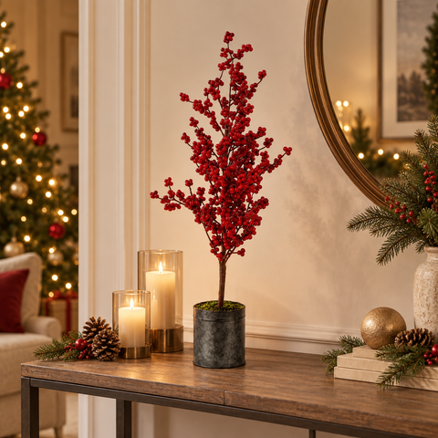 Alberello Artificiale Decorativo con Bacche Rosse e Vaso in Ferro - 11x72 cm