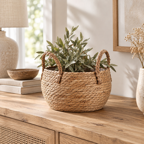 Set Cesti Contenitore Ovale in Fibra Naturale con Manici - 25x23x h18 cm, 33x31x h20 cm, 39x35x h26 cm