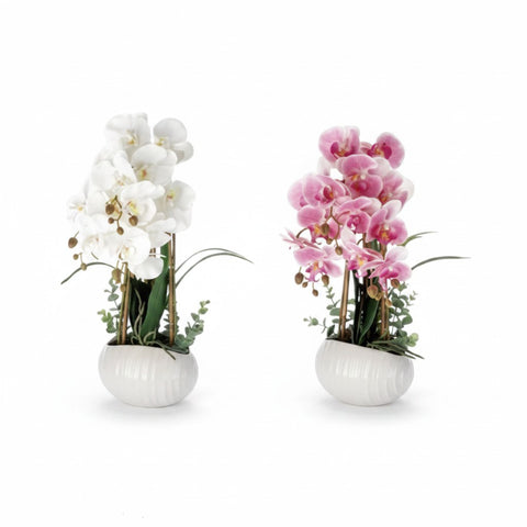Vaso in Ceramica con Orchidee Artificiali Real Touch - D16,5xH44 cm