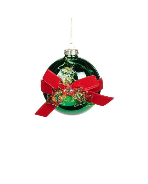 Palla di Natale in Vetro con Fiocco e Agrifoglio 10cm – Varianti Rosso e Verde