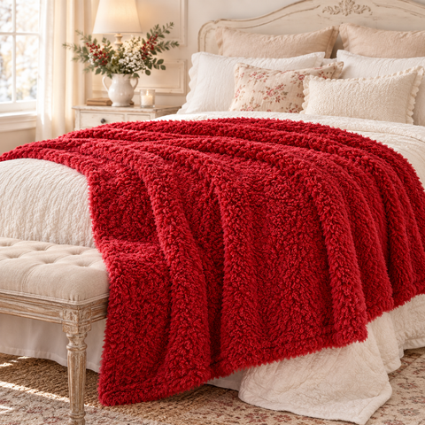 Plaid Sherpa Caldo e Soffice Rosso Natale 270 GSM – Blanc Mariclò, 160x200cm