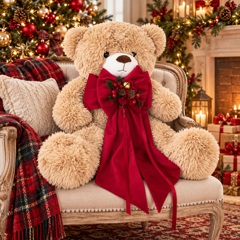 Teddy Bear Orso Peluche con Fiocco in Velluto e Composizione Natalizia – Linea Teddy by Mata Creazioni, H 60 cm