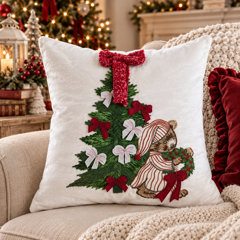 Cuscino Quadrato con Ricami e Applicazioni Orsetto e Albero di Natale – Blanc Mariclò, 50x50 cm