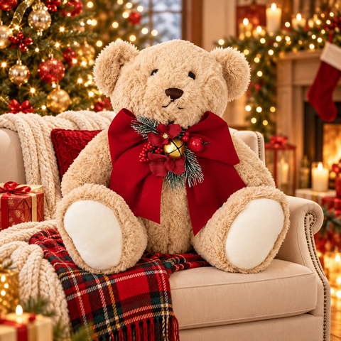 Orsetto Bryan Peluche con Fiocco Natalizio e Campanello – Linea Teddy by Mata Creazioni, H 35 cm