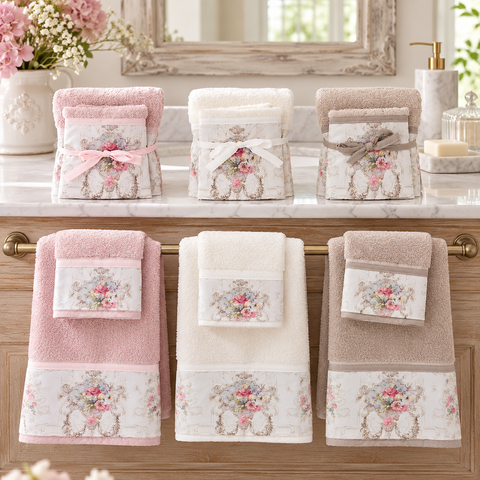 Coppia Asciugamani in Spugna con Balza Floreale Collezione Coco – Blanc MariClò, 40x60 e 60x100cm