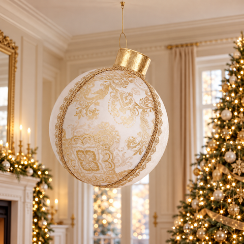 Palla di Natale Gigante Espositiva in Broccato Crema e Oro – 51 e 39cm, Goodwill
