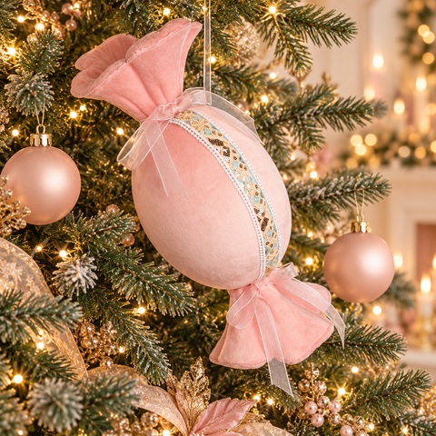 Decorazione Natalizia Caramella Rosa Chiaro e Bianca in Tessuto Vellutato – Goodwill, 37cm — ambientazione natalizia