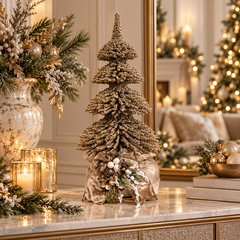 Albero Decorativo Glitter Champagne con Sacco in Velluto – Polvere di Stelle by Mata Creazioni