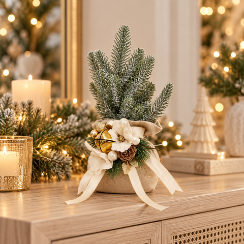 Sacco Mini Wood con Abete Innevato e Composizione – Linea Noël by Mata Creazioni, H 25 cm