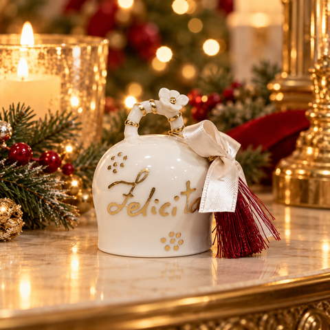 Campana Natalizia Xmas Harmony in Ceramica con Frasi Dipinte Oro e Box – Ceramic Noël by Mata Creazioni