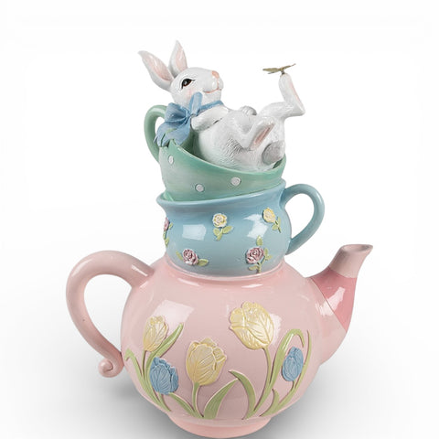 Statuetta decorativa coniglio in teiera – 28x19x34 cm (rosa/blu, plastica) by Clayre & Eef