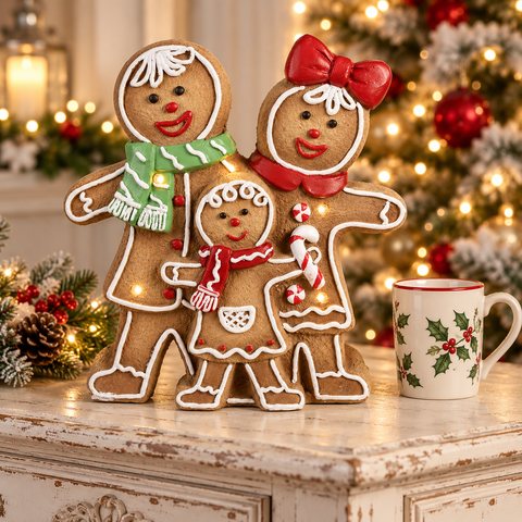 Famiglia di omini di pan di zenzero con LED Clayre & Eef 31x10x34 cm in ambientazione natalizia