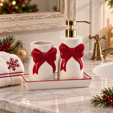 Set Bagno Fiocco 2 Pezzi in Ceramica con Vassoio - 18,5x9,5 cm