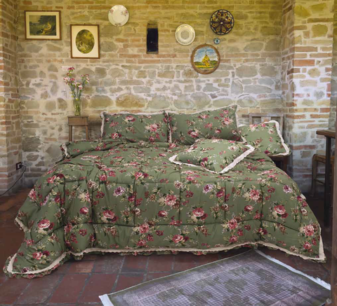 Trapunta Giada Matrimoniale con Federe 260x260 – Stampa Floreale Verde Country Chic