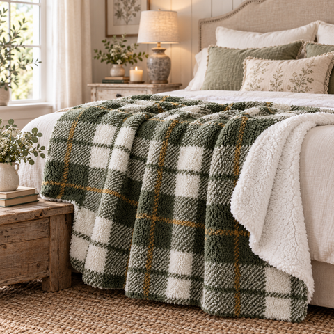 Plaid Sherpa Caldo e Soffice Verde Salvia a Quadri Tartan 420 GSM – Blanc Mariclò, 160x200cm