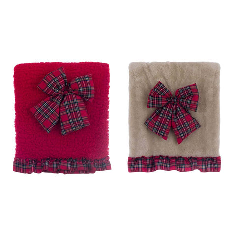 Blanc Mariclò Plaid Sherpa con Fiocco Scozzese – Stile Natalizio Shabby Chic 140x170 cm