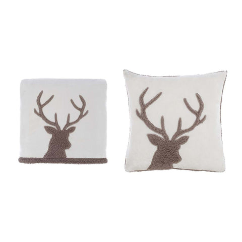 Set Plaid Sherpa con Cuscino Coordinato – Renna Invernale 130x170 cm