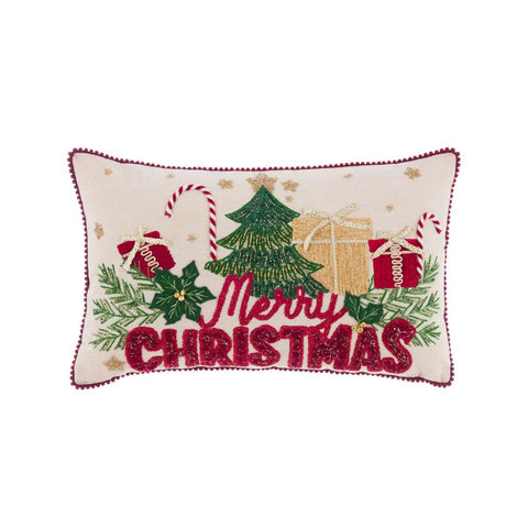 Cuscino Rettangolare Natalizio con Ricami e Scritta "Merry Christmas" – Blanc Mariclò, 30x50cm