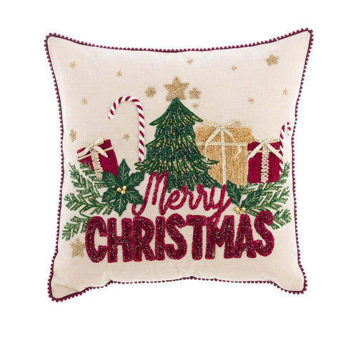 Cuscino Quadrato Natalizio con Ricami e Scritta "Merry Christmas" – Blanc Mariclò, 45x45cm