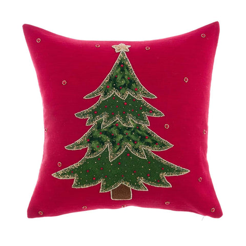 Cuscino Quadrato Natalizio Rosso con Albero di Natale Ricamato – Blanc Mariclò, 45x45 cm