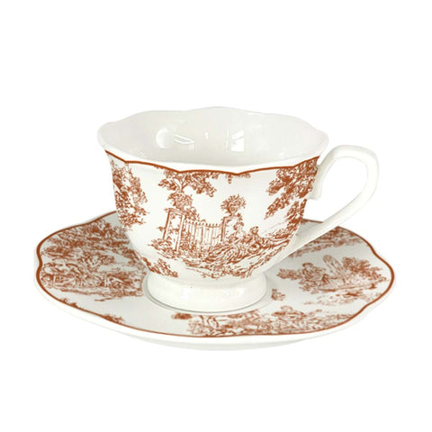 Tazzina da Caffè con Piattino in Porcellana Toile de Jouy Marrone (per 6 Persone) – Blanc Mariclò, 100ml