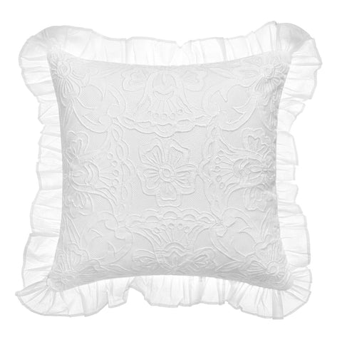 Cuscino Quadrato Bianco in Cotone Ricamato con Volant - Lace Couture by Blanc Mariclò, 45x45cm