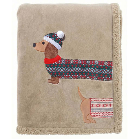 Plaid Invernale Sherpa Beige con Applicazione Bassotto Natalizio – Blanc Mariclò, 140x170cm
