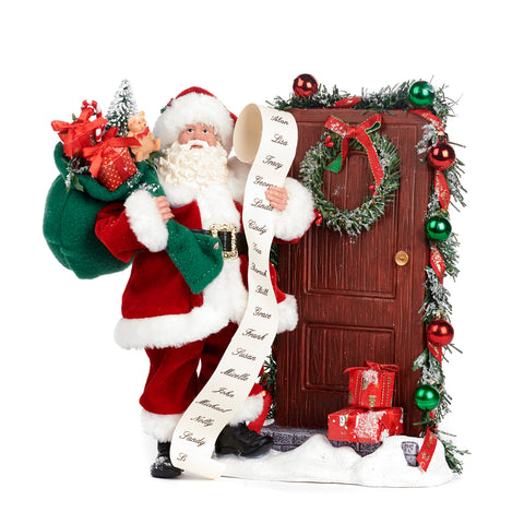 Babbo Natale alla Porta Statuina Natalizia in Resina e Tessuto, 30cm