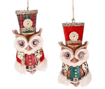 Set 2 Gufi Decorativi Goodwill in Stile Schiaccianoci Tartan - Rosso e Verde 11 cm